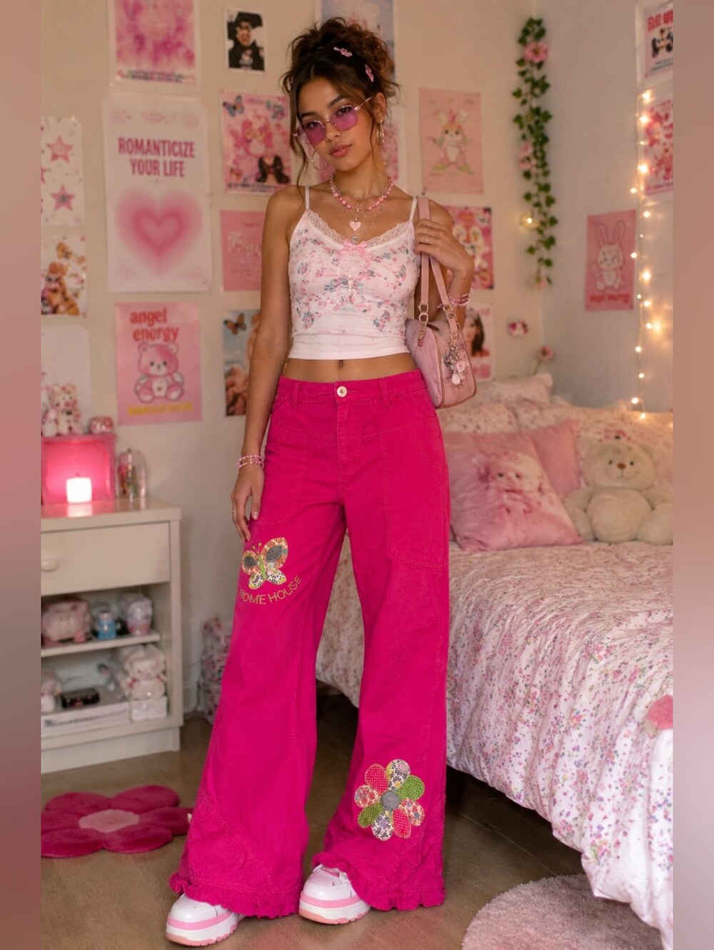R2 Romehouse Elastic Waist Patchwork Appliques Pink Pants waist 23"- 25"